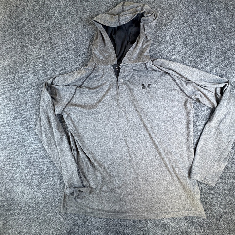 Under Armour Heatgear Hoodie Mens XL Heather Gray Logo Loose‎ Fit Henley Neck